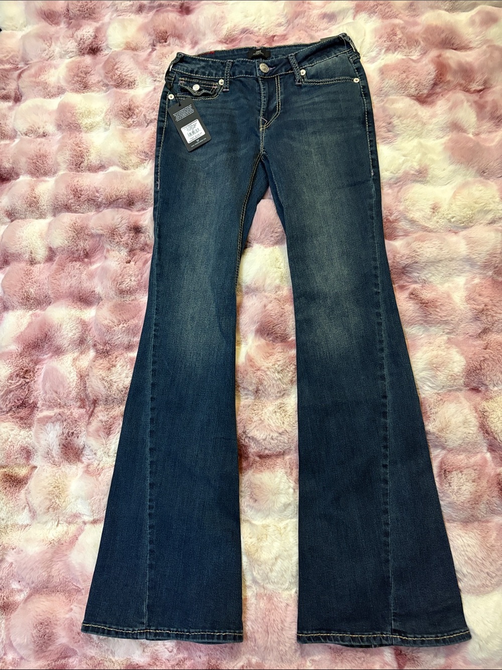 NWT True Religion Dark Wash Flare Jeans with Bright Purple Stitching size 27